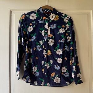 Talbots Navy Floral Button-Down Shirt with White and Green Accents